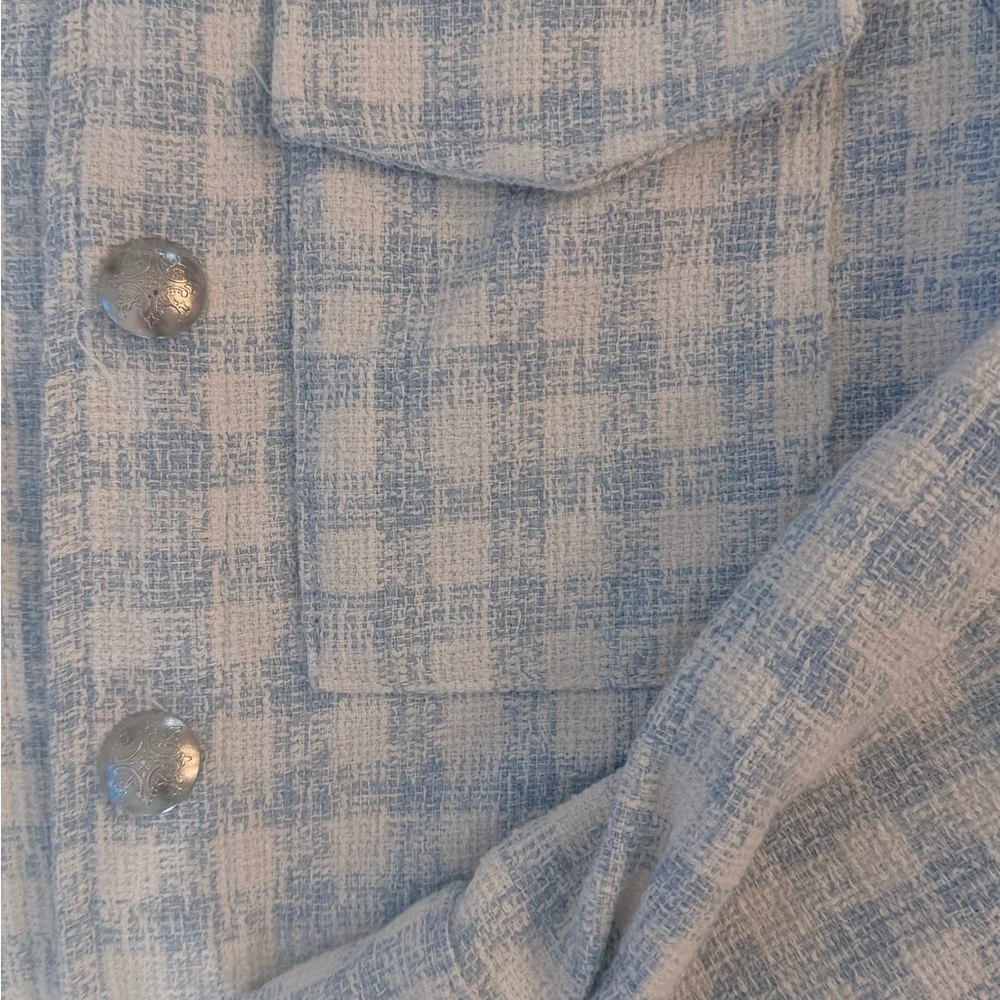 ZARA TWEED  PLAID GINGHAM CHECKERED JACKET BLUE WHITE S STRUCTURED - Picture 6 of 7